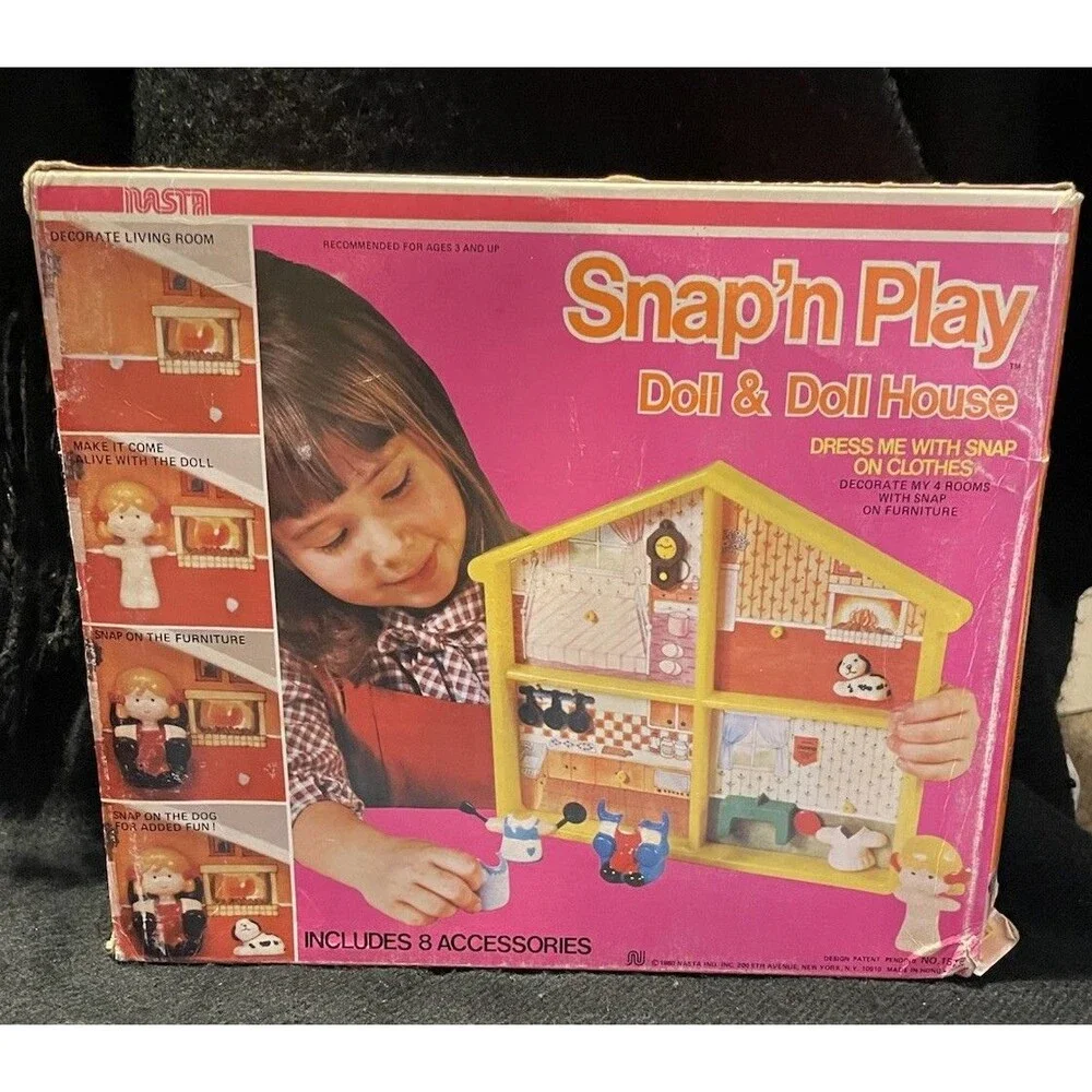 NOS 1980 NASTA Snap N Play Doll House Doll Accessories In Original Box Unused